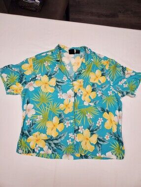 Erika Tropical Floral Hawaiian Shirt Size XL Turquoise Hibiscus Short Sleeve